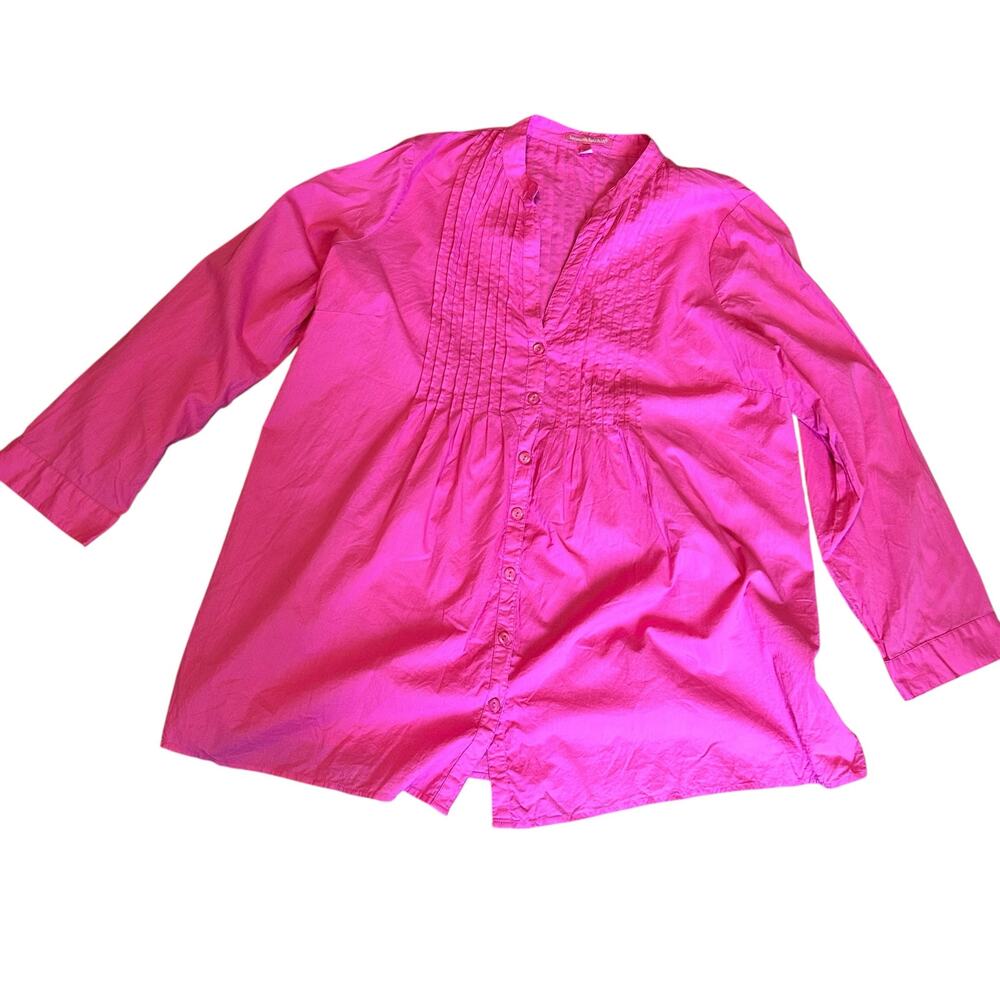 Woman Within Top S M Button Up Peasant Smock Fuchsia Pleats Artsy 100% Cotton